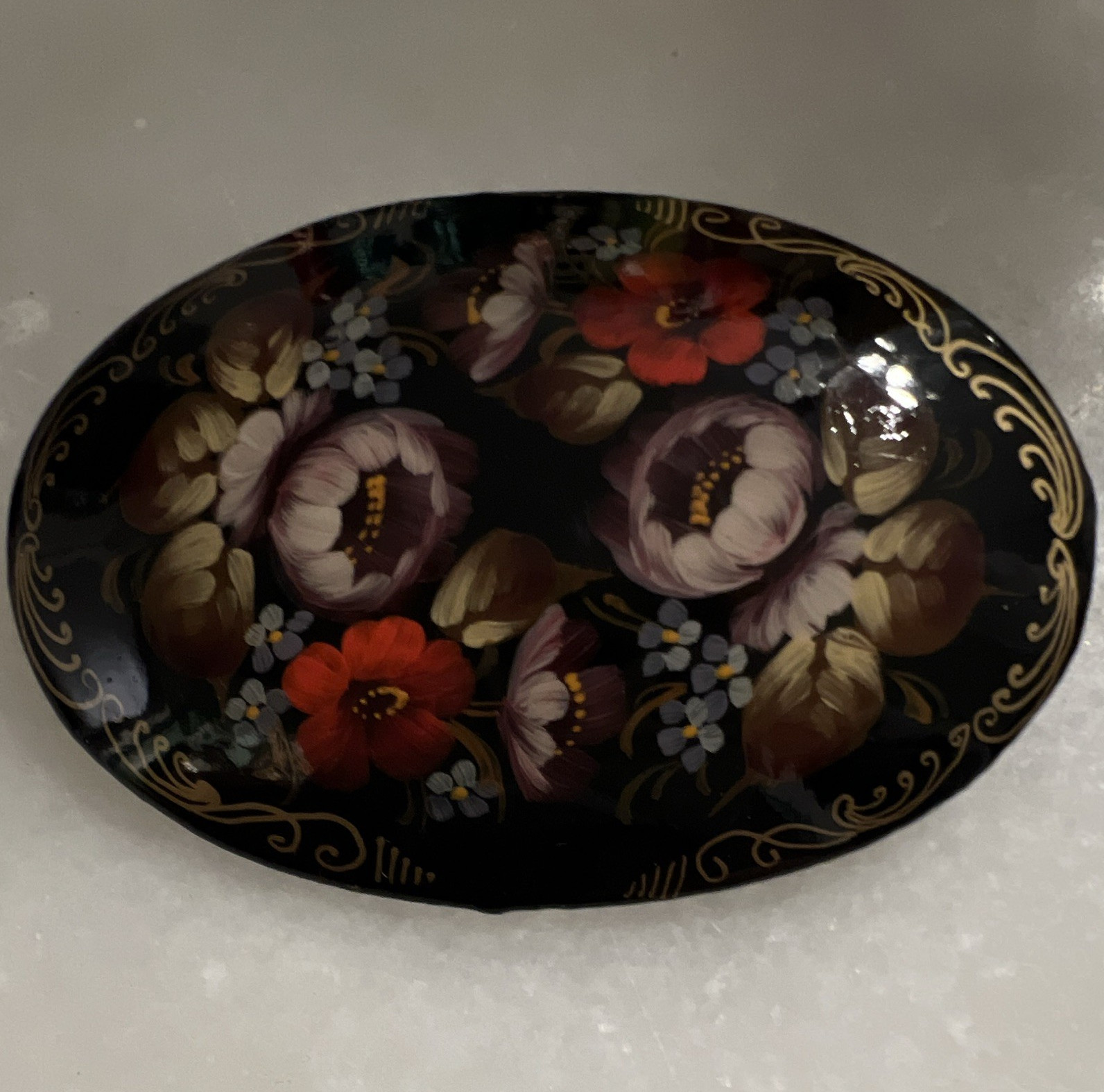 Hand-Painted Signed Oval Floral Enamel Brooch Pin, Black Multicolor Women’s