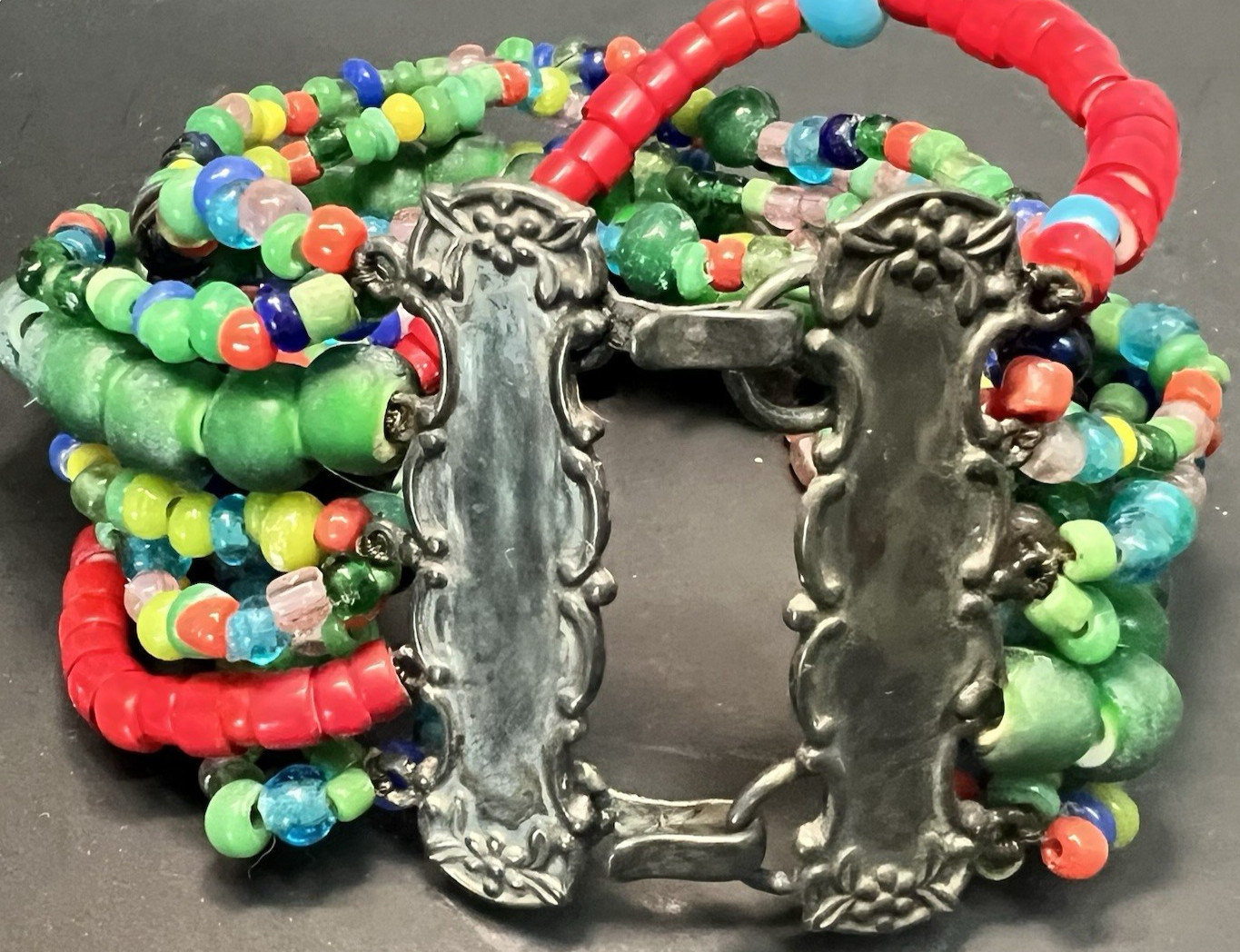T. FOREE African Trade Multi Strand Glass Beaded Bracelet Sterling Silver 7.5″