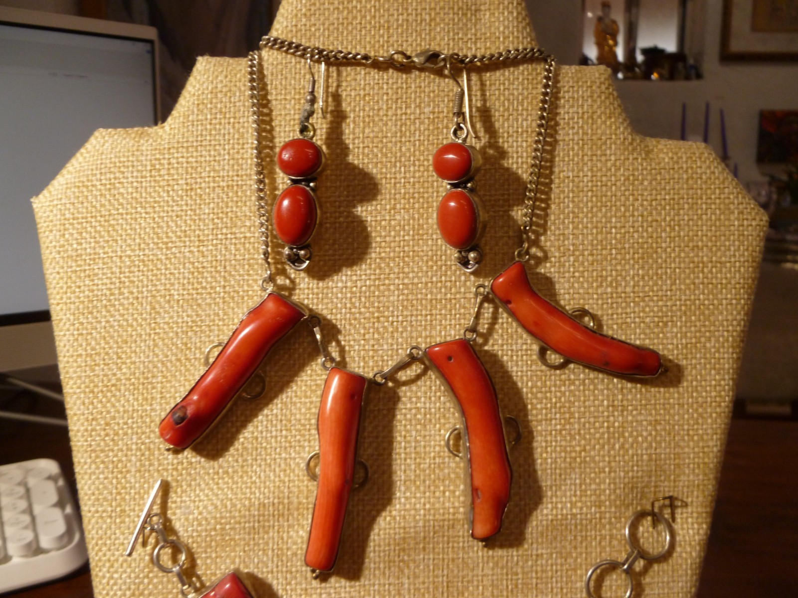 Contemporary Branch Raw Coral Necklace Bracelet Earrings Set On Sterling Silver