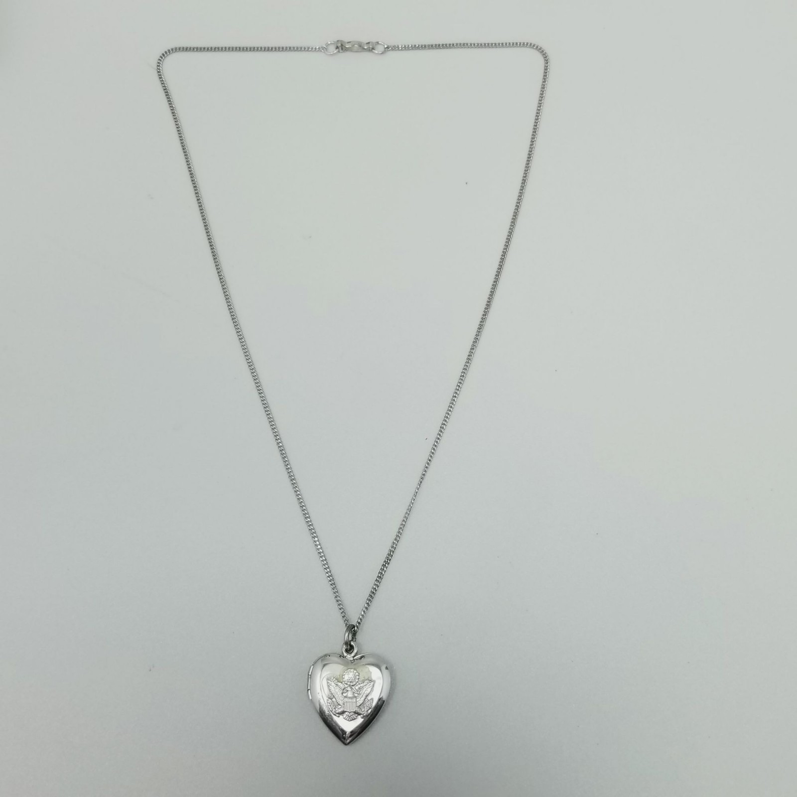 Vintage Sterling Silver Army Eagle Sweetheart Locket Pendant Necklace WWII