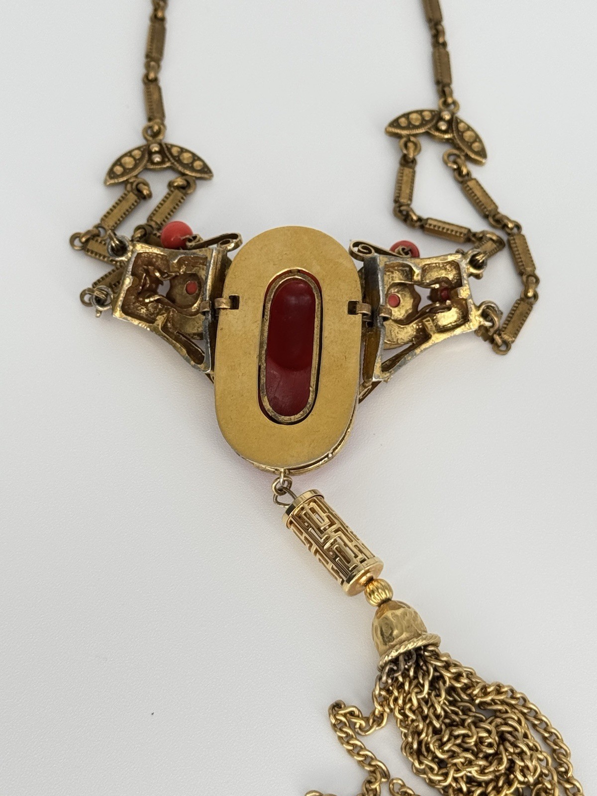 Vintage 1920s-1930s Art Deco Czech Faux Coral Cameo Brass Tassel Necklace