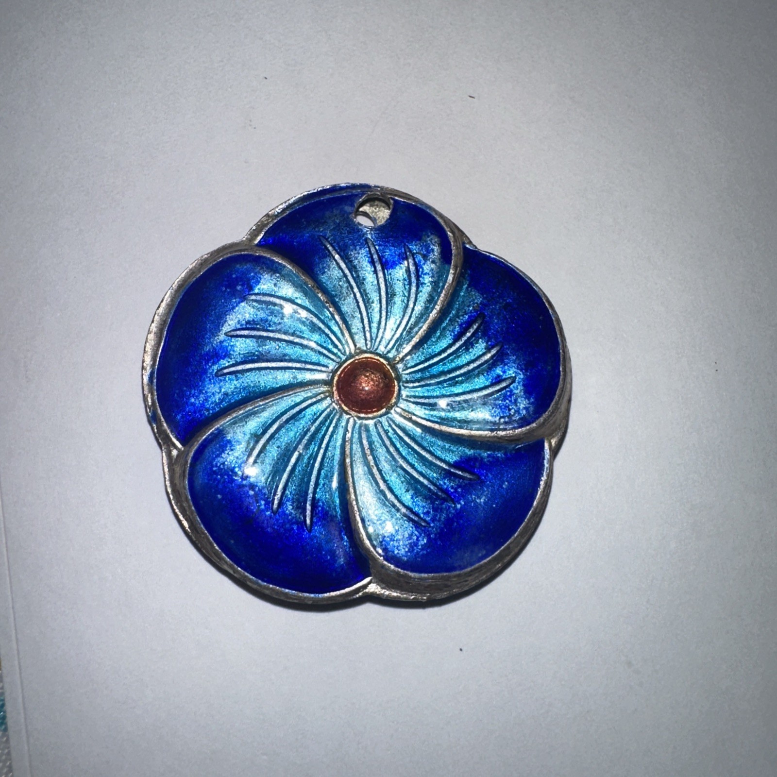 Vintage Chinese Champlevé Enamel Flower Pendant Blue Enamel- 1 3/8” Pendant Only