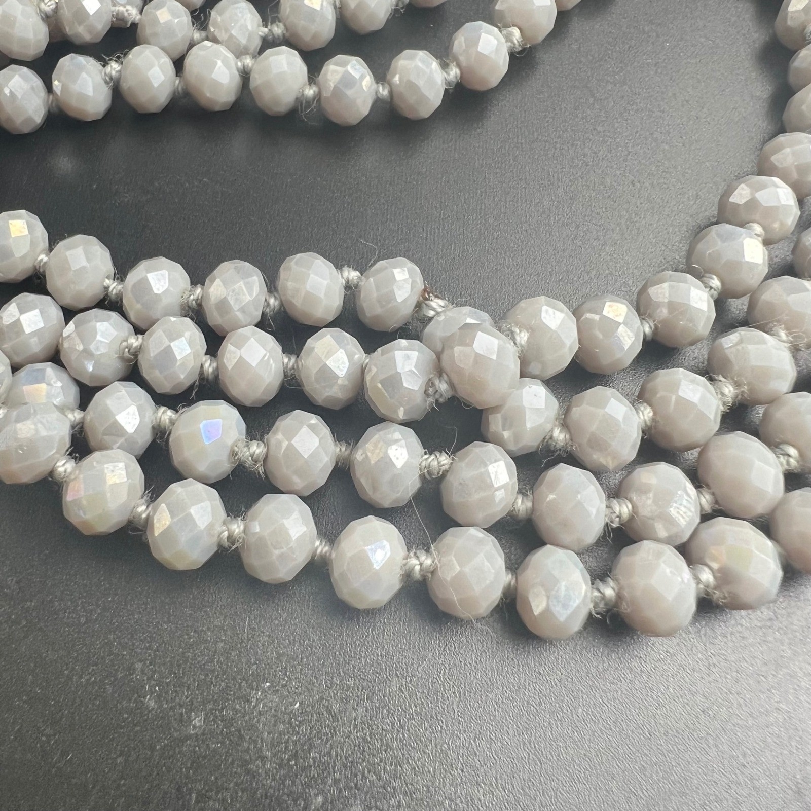 Gray Faceted Glass Knotted Long Opera Length Bead Necklace Vintage 1960s