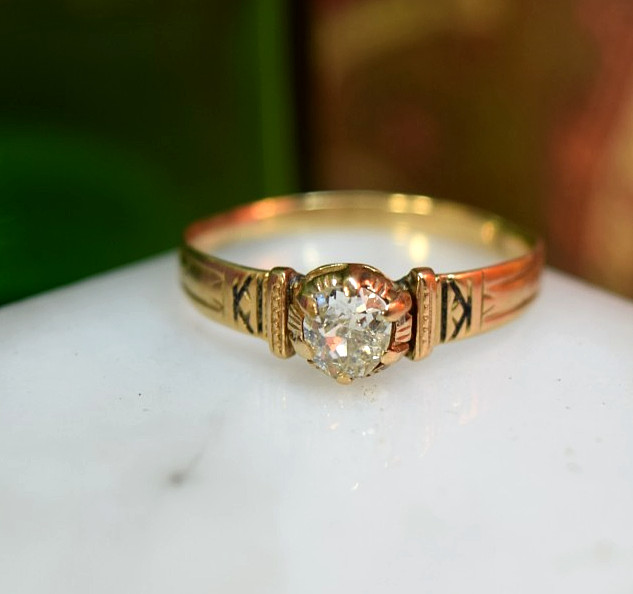 Antique Edwardian 14K Rose Gold .34ct Mine Cut Diamond Solitaire Ring Sz 8.4