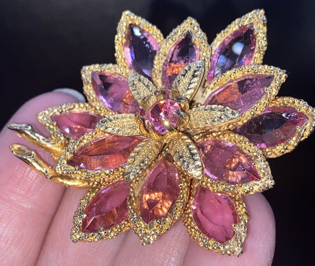 Vtg Flower Brooch Pin Gold Tone Filigree Layered Light Pink Crystals Barbiecore