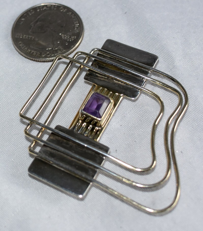 Vtg Signed YES Studio Poland Sterling Silver Amethyst Large Modern Pin & Pendant