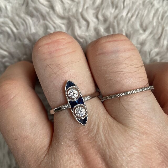 Two Round Moissanite & Fancy Blue Unique Long Finger Estate Ring 10K Rose Gold