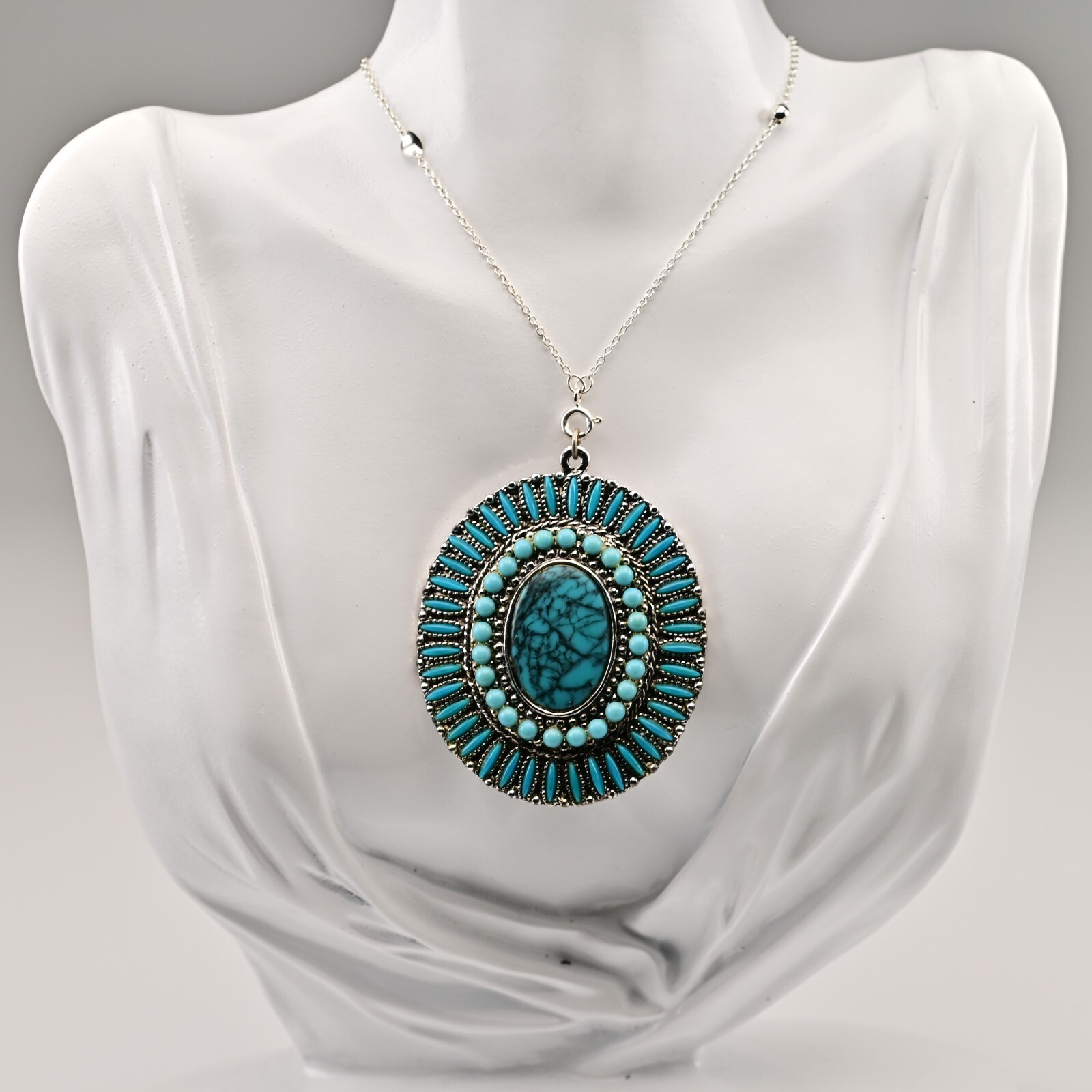 Original Vintage Native Silver Faux Turquoise Gemstone Pendant Estate Necklace