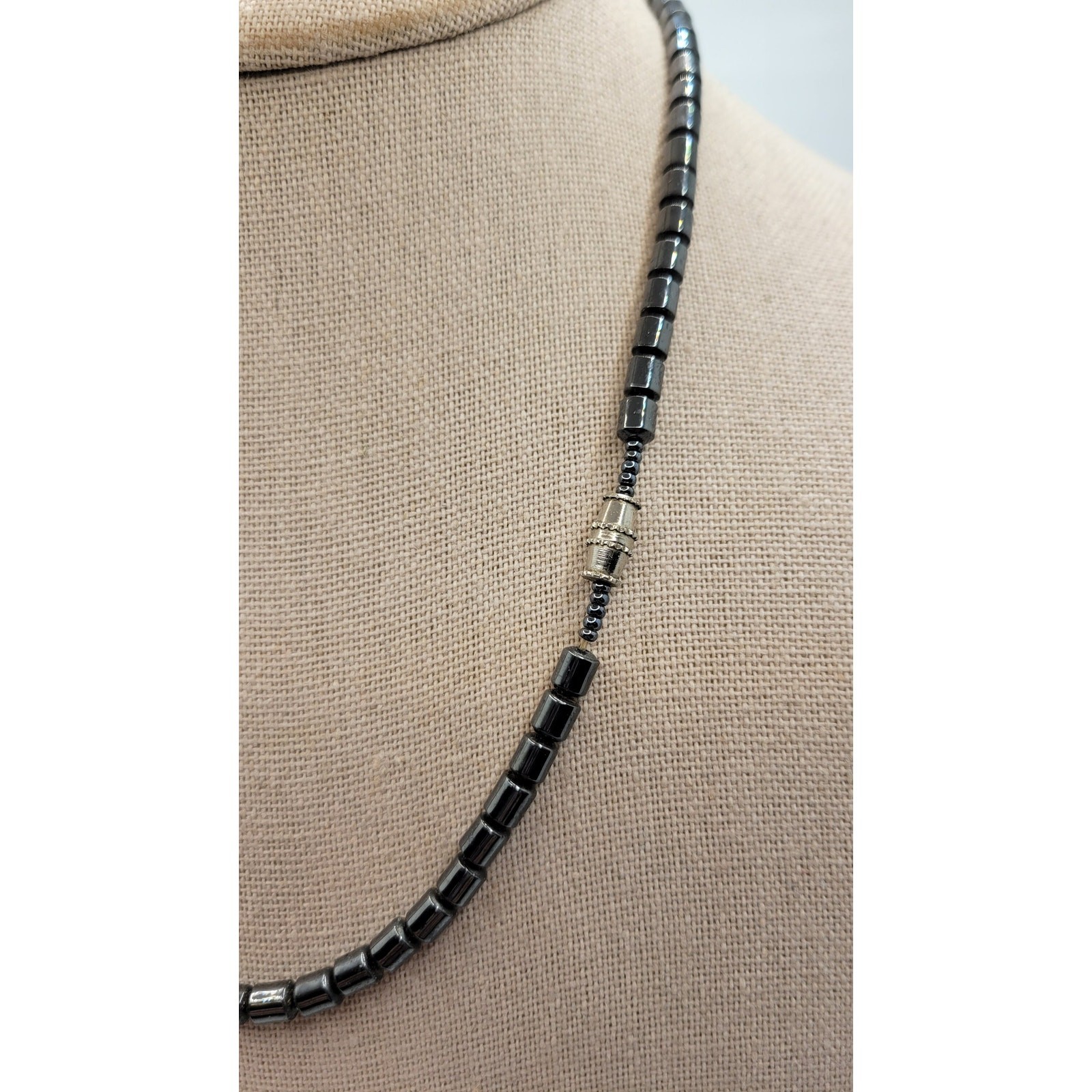 Moonstone Hematite Necklace Faux Opalite Pendant Tiny Shells Seed Bead Vintage