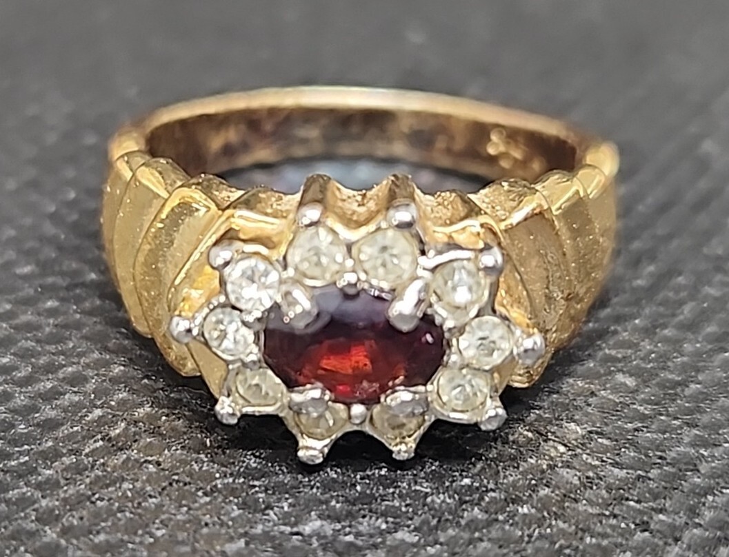 Vintage Arlene Dahl Garnet Ring 14K Gold Electroplate