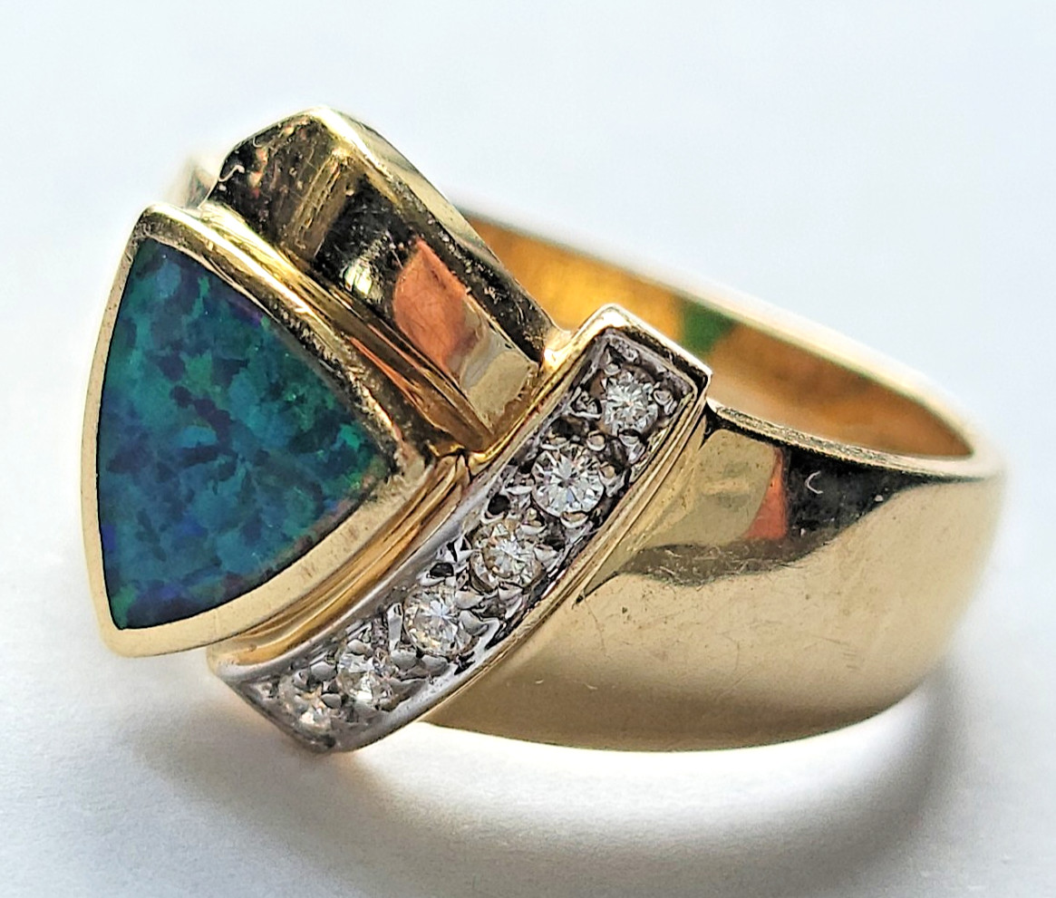 VTG Bogarz 14k YELLOW GOLD TRILLION Cut BOULDER OPAL – Ring SZ 7 5.21g BZ