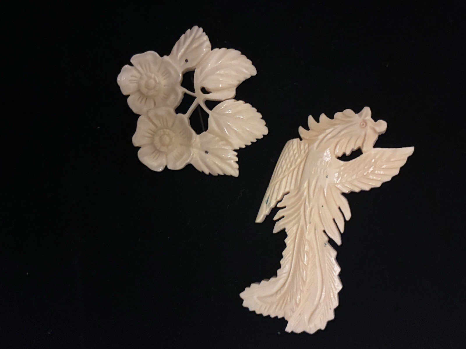 Antique Vintage Bone Brooch Chinese ? Japan? Carved Flower Bird