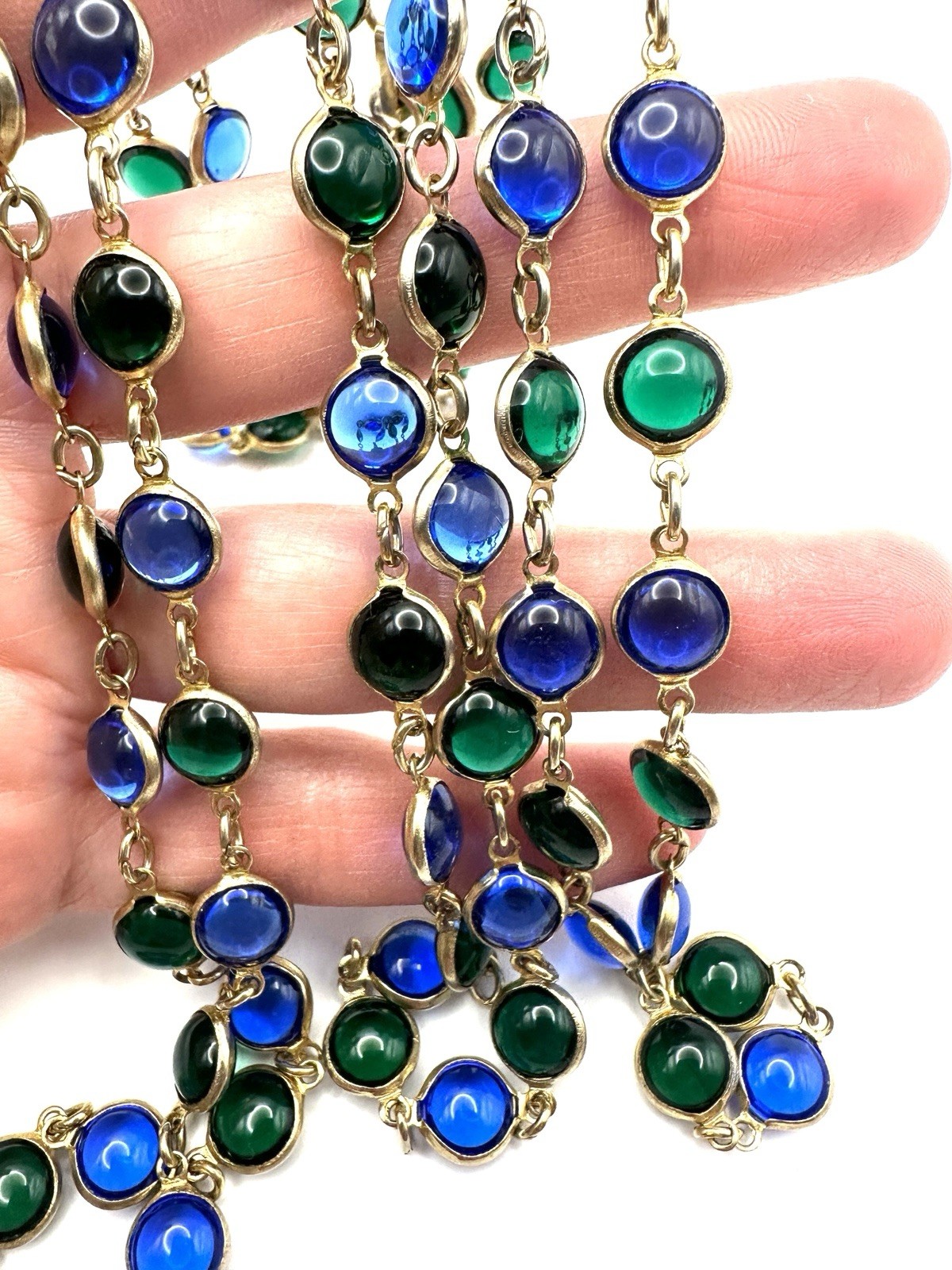 VTG Poured Glass Bezel Set Link Necklace 54”
