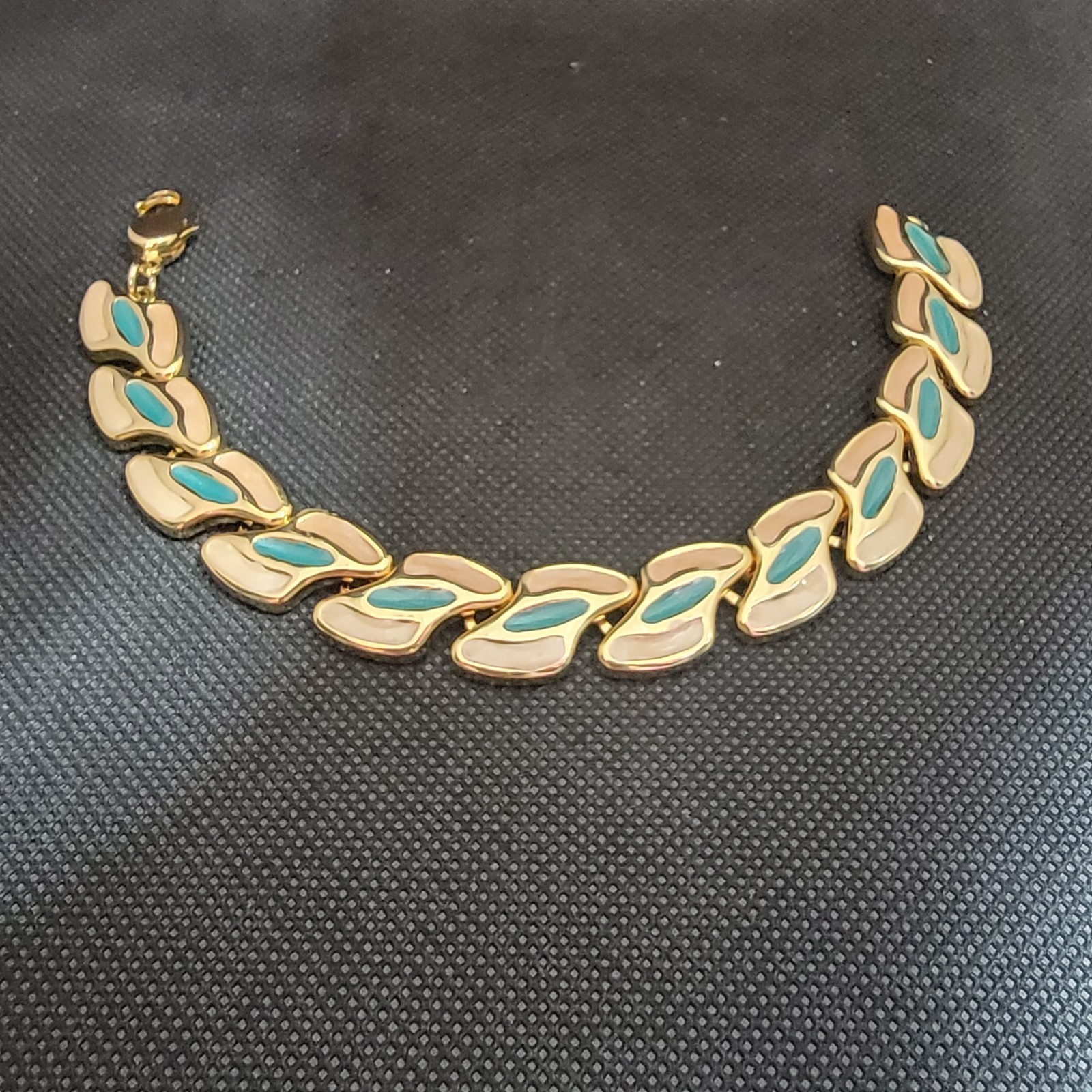 Vintage Enamel Necklace Bracelet Set Choker Link Gold Tone READ