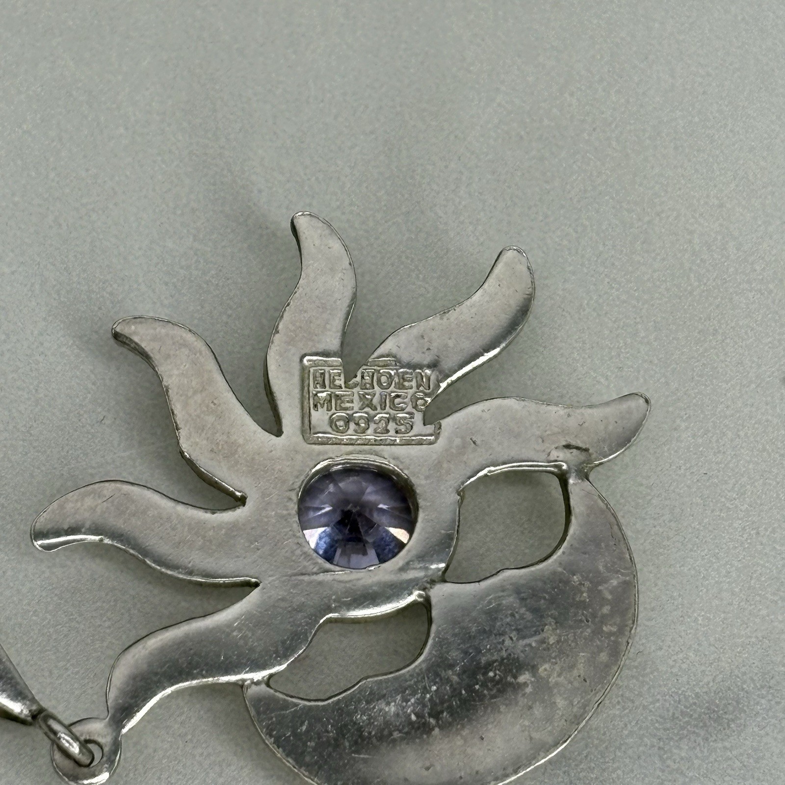 Vintage Mexico Sterling Silver Sun & Crescent Moon Eclipse Pendant Purple Stone