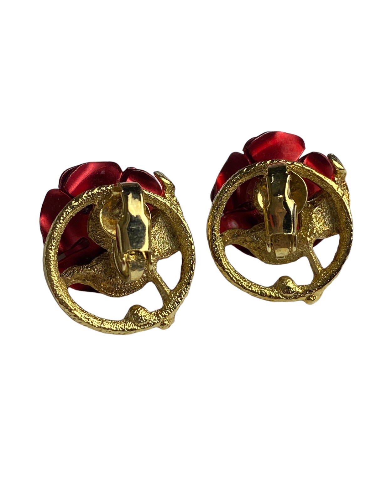 Vtg American Beauty Red Rose Gold Tone Fashion Earrings Art Of Loving Clip On