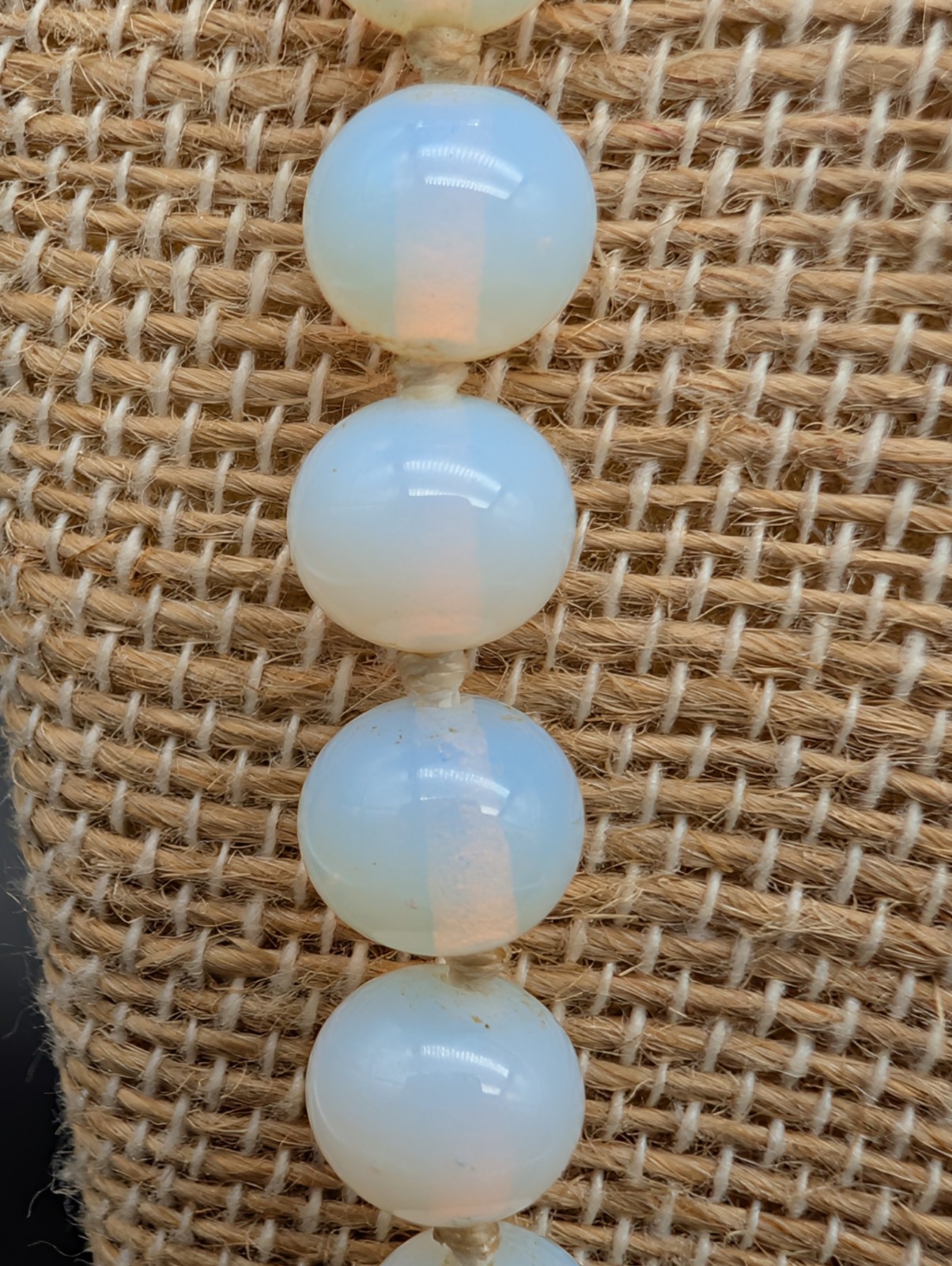 VINTAGE OPALITE OR OPALINE OPALESCENT GLASS BEAD NECKLACE HAND KNOTTED 23″