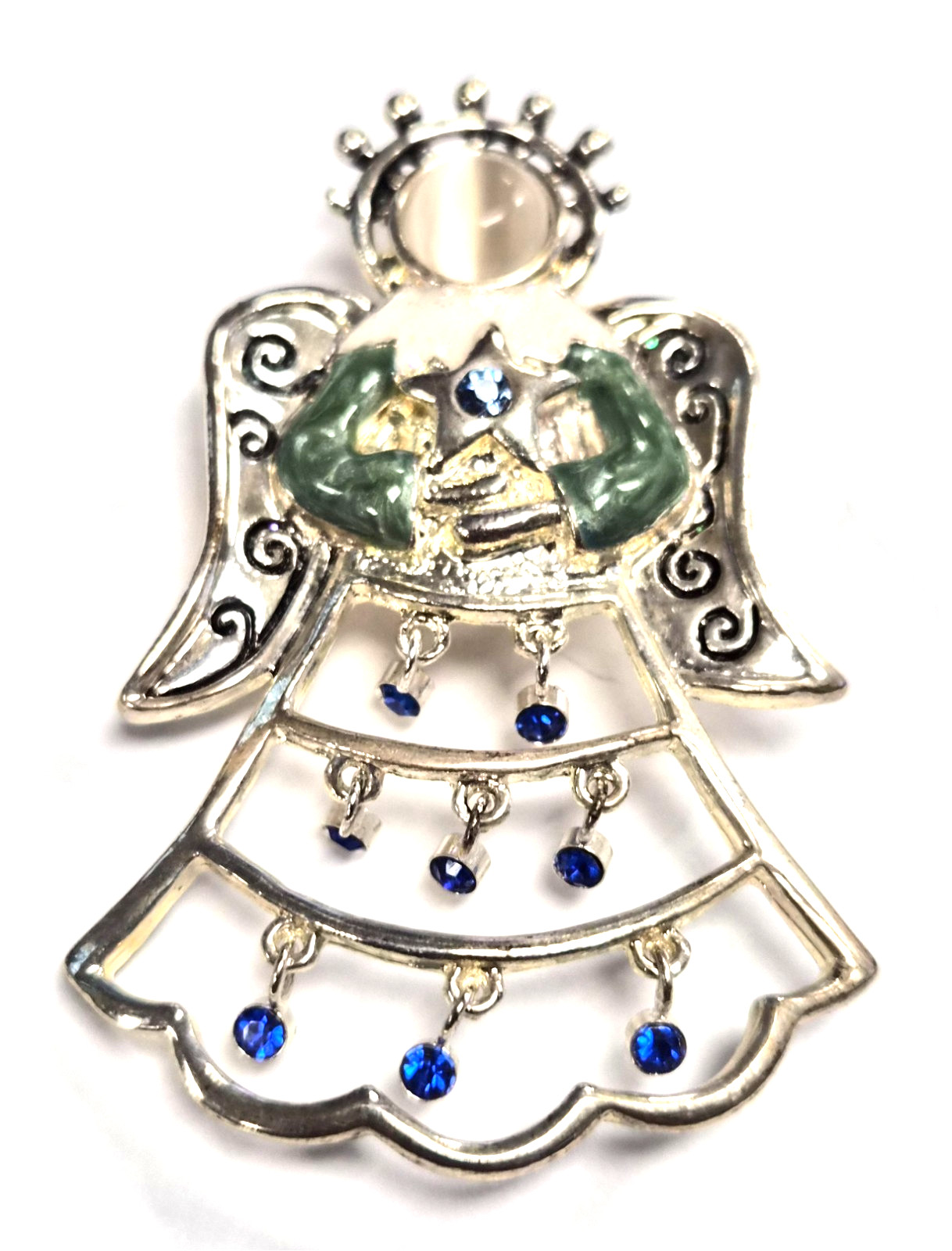 Estate Christmas Holiday Angel With Wings Blue Rhinestone Dangles Pin / Brooch