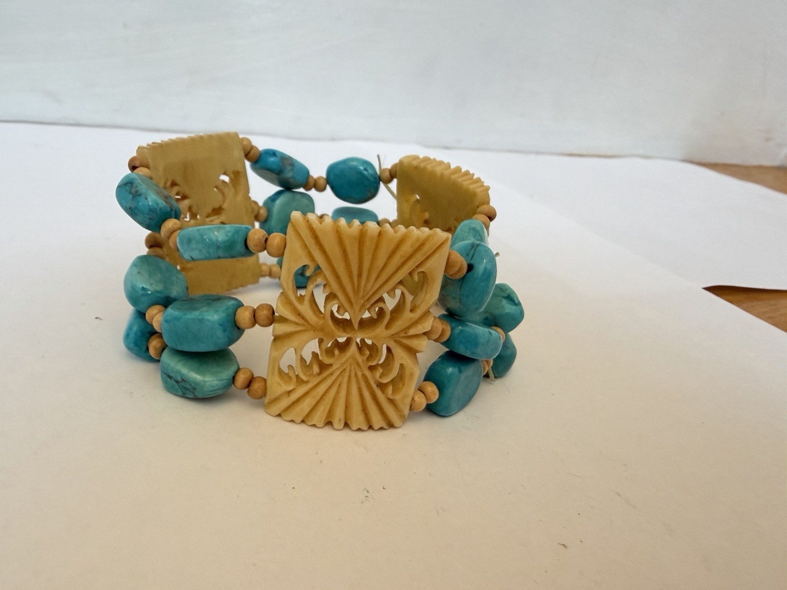 Blue Turquoise Stretchy Double Bracelet No Metal Carved Flower Resin Bead B11
