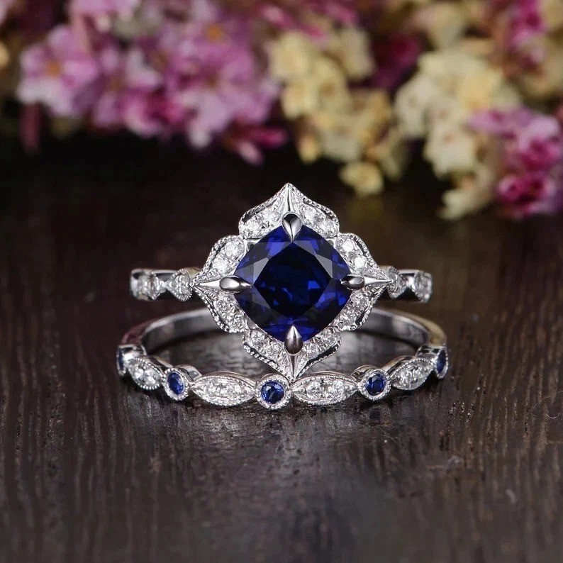 2.40CT Cushion Cut Real Blue Sapphire Vintage Wedding Halo Ring Set 925 Silver