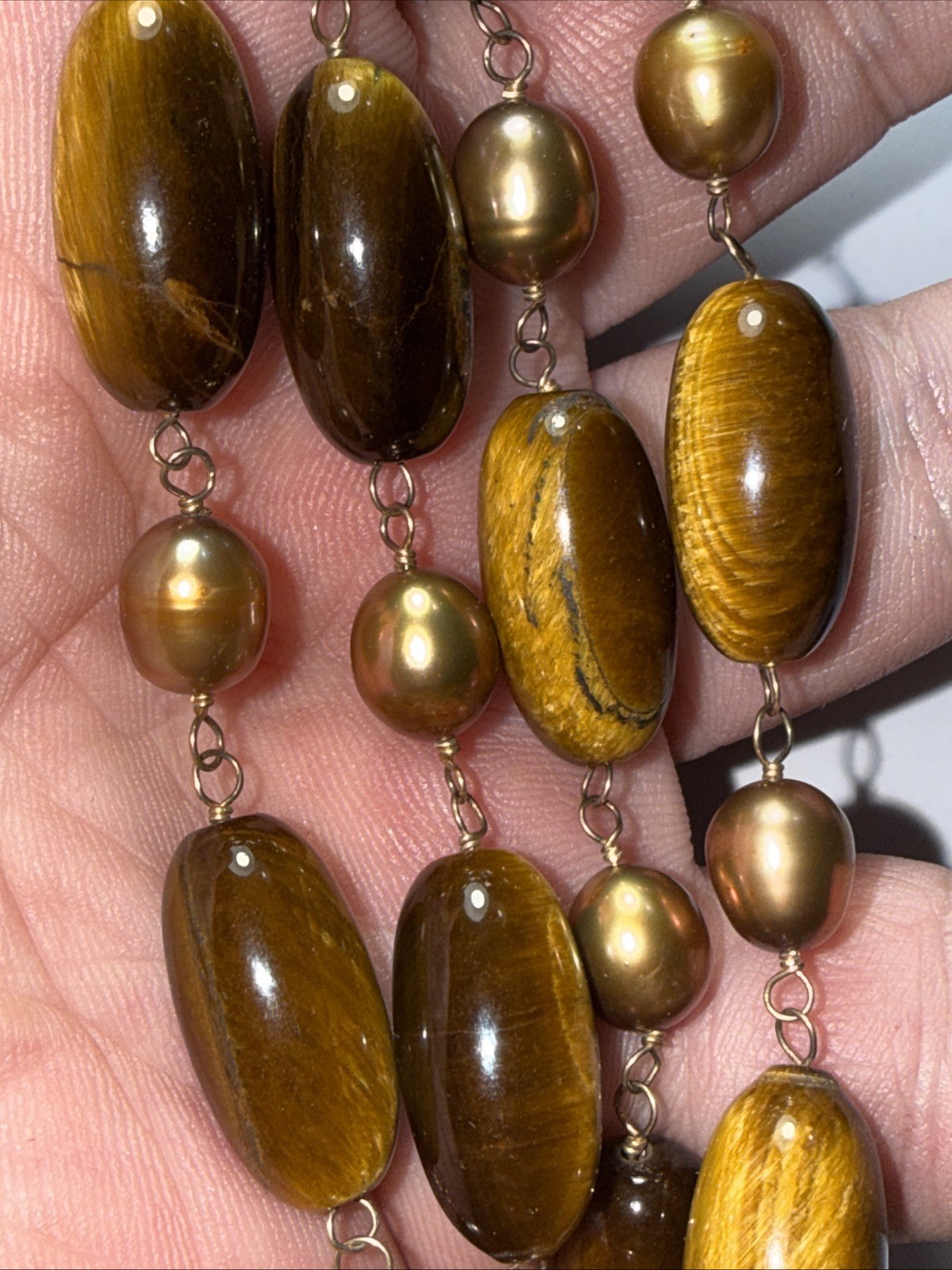 Necklace 2 Strand Tiger’s Eye Cultured Pearl Vermeil Toggle Clasp Vintage Unused