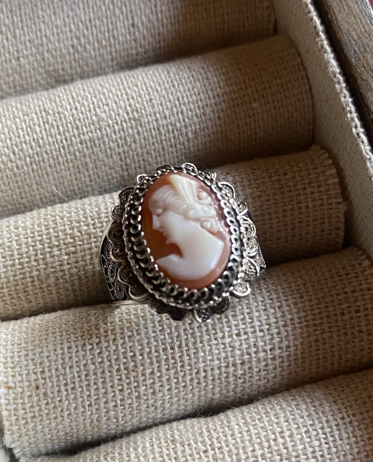 Antique Cameo Ring Burnished Sterling Silver Venetian Filigree Style Size 7.25