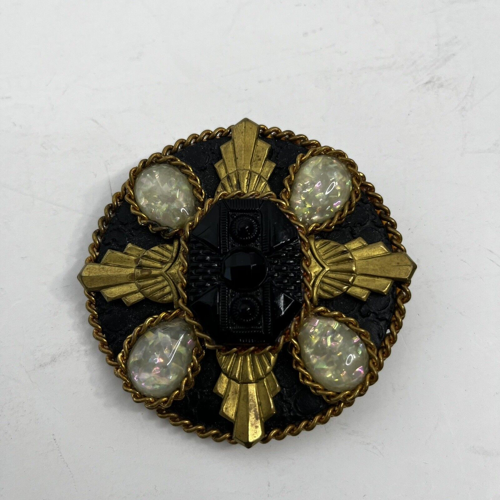 Stunning Vintage 1980s Signed Lazaro Neal Pin Brooch Black White Gold 3 in Round