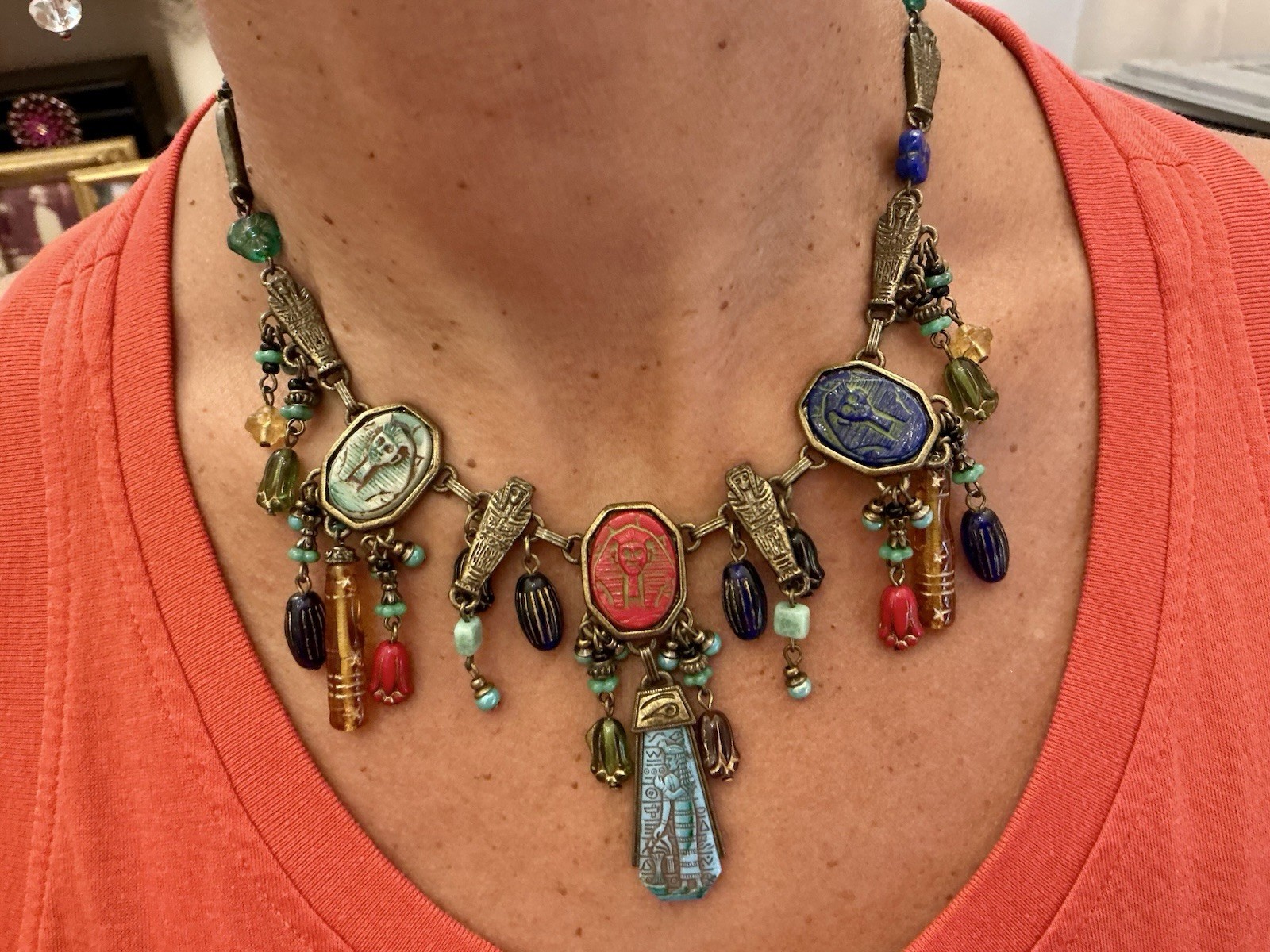 Sweet Romance Vintage Egyptian Revival statement necklace with Pharaoh glass .