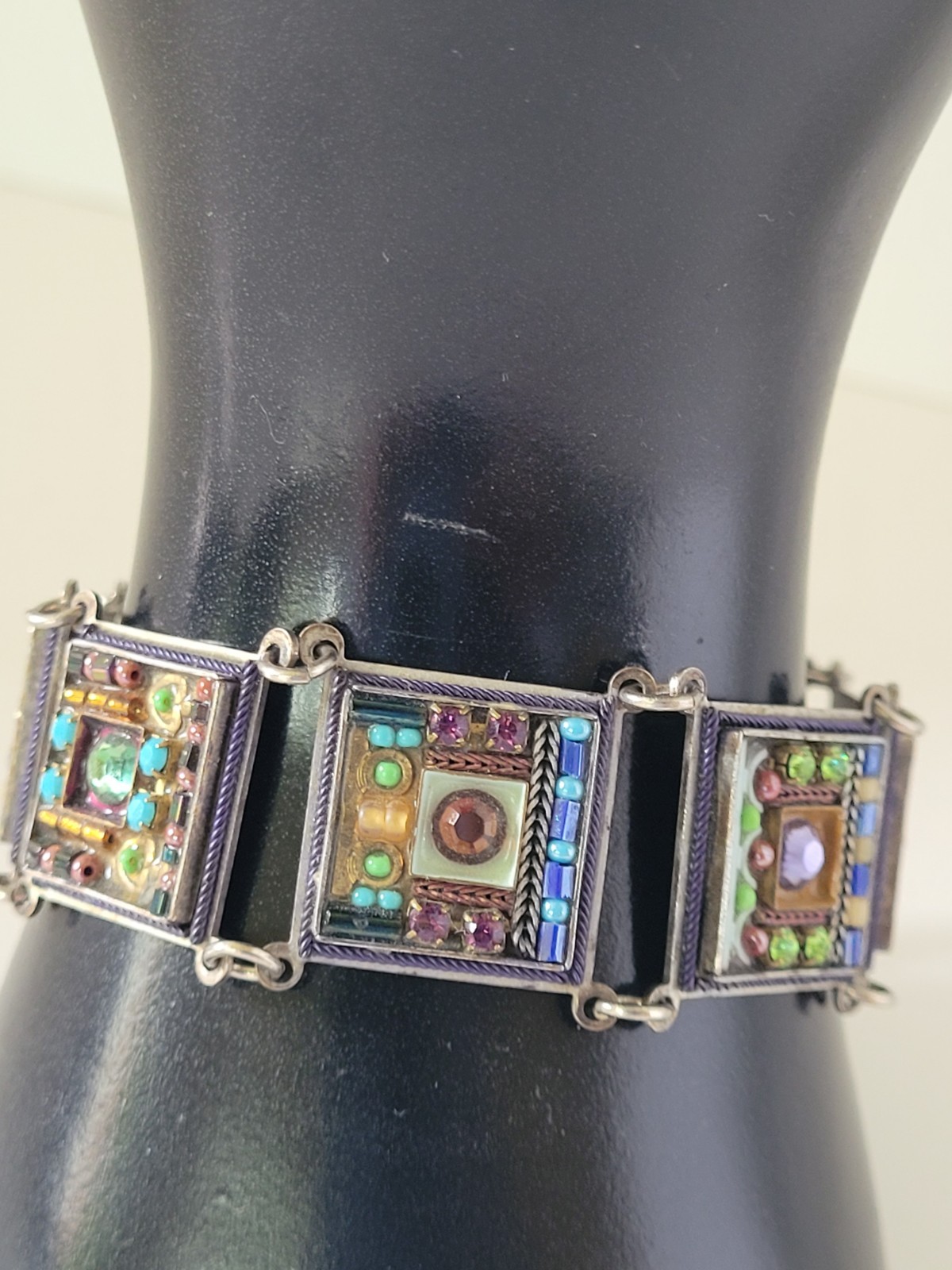 Adaya Colorful Enamel Crystal Panel Bar Link Bracelet 7.5” Israel