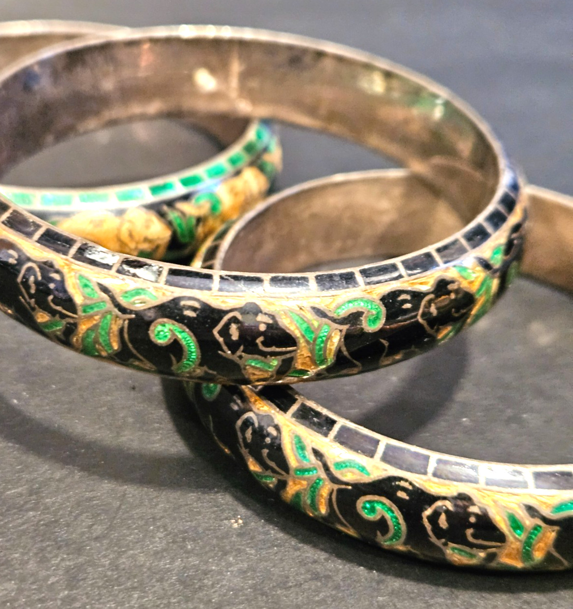 Set of 3 bracelets 925 Sterling Cloisonne Enamel Jaipur, India Turq/Green/Blue
