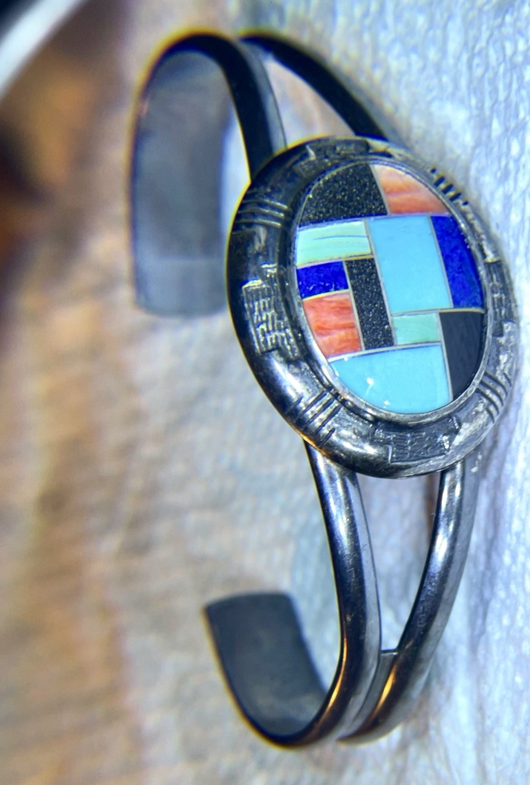Carolyn Pollack Relios Vintage Sterling Silver Cuff Bracelet Mosaic Inlay Stones