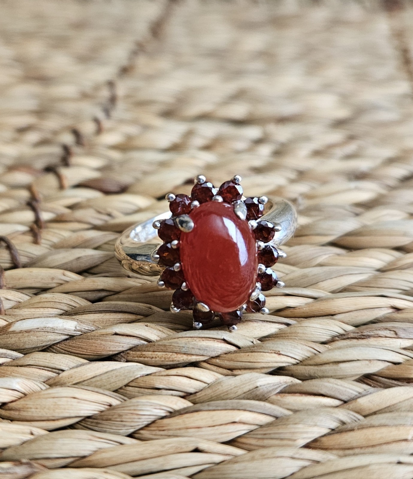 Orange Jade 12 mm Cabochon with Garnets .925 Sterling Silver Ring size 6.75