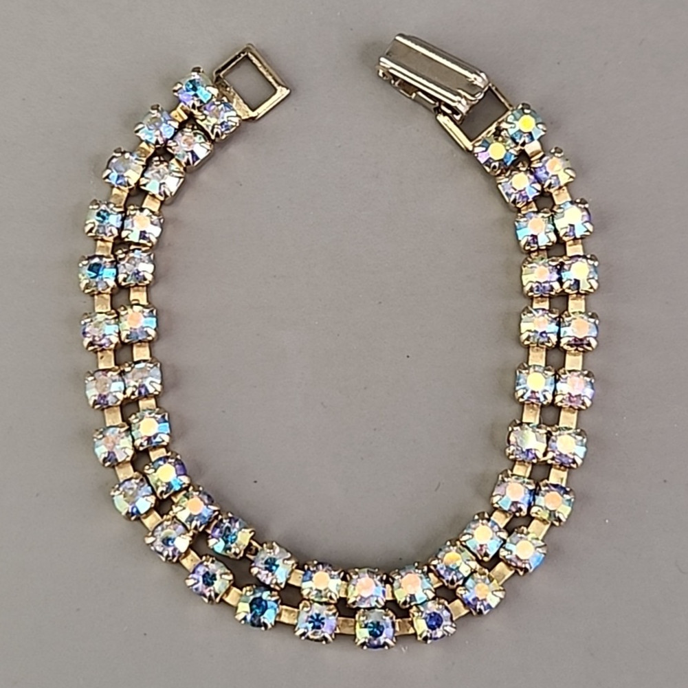 Vintage Aurora Borealis Rhinestone Bracelet Two Row 6.5″