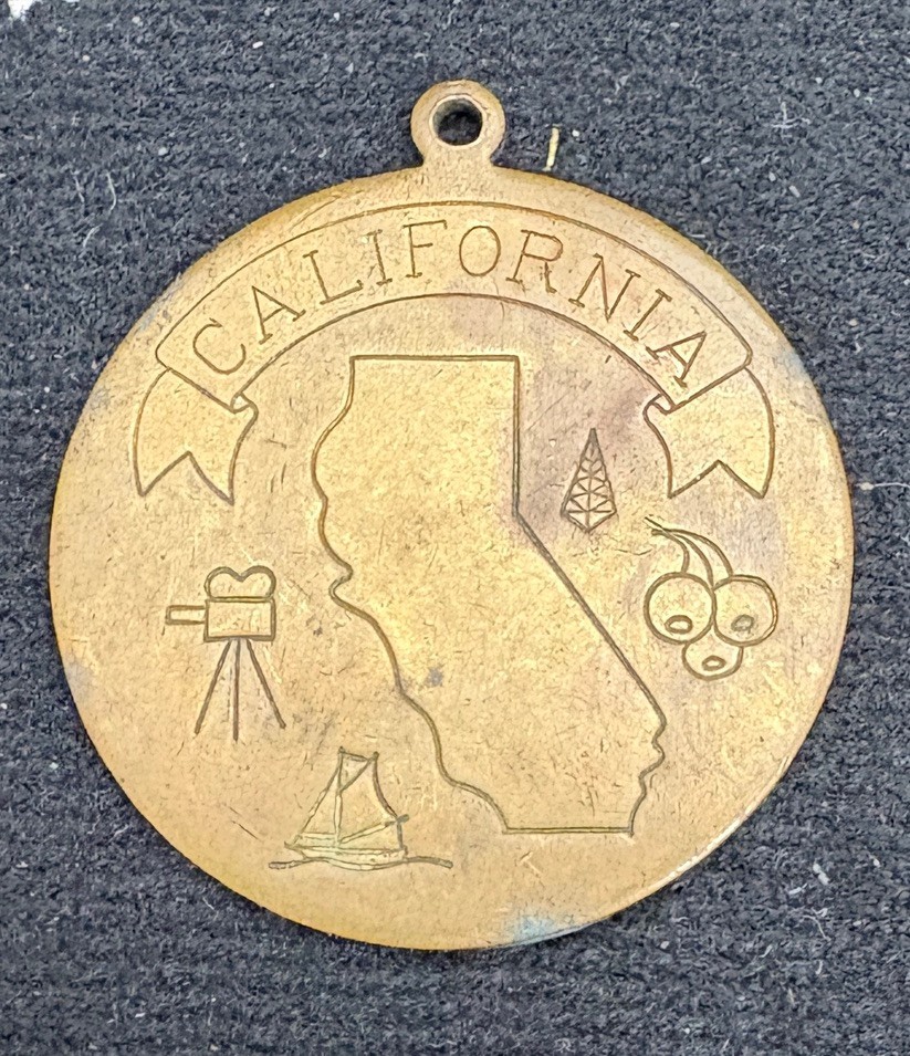 Vintage Brass Pendant Of California 1.25″ Round Bronze Color 1970’s