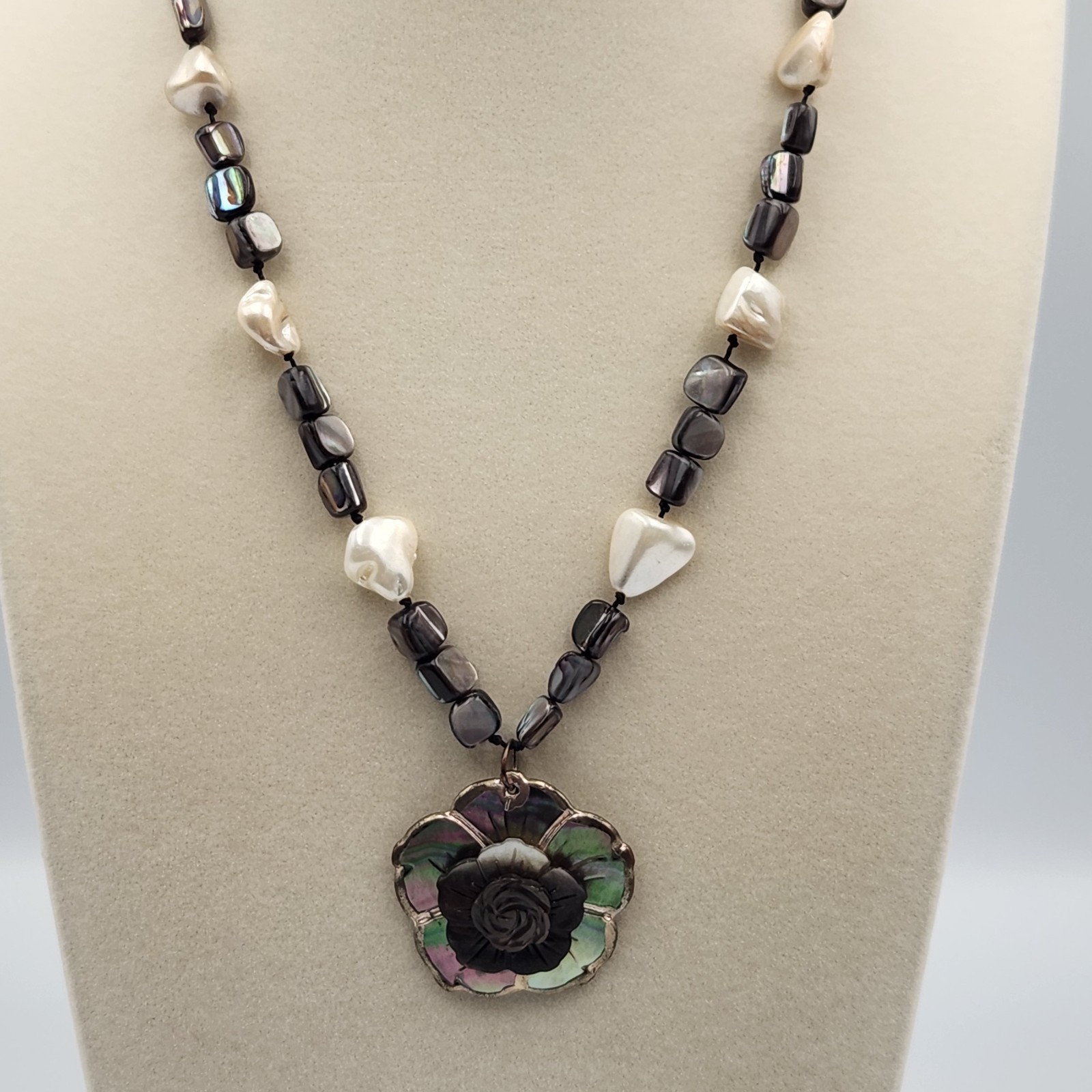 Vintage Style Dark Grey Shells & White Pearls Beaded Necklace & Abalone Pendant