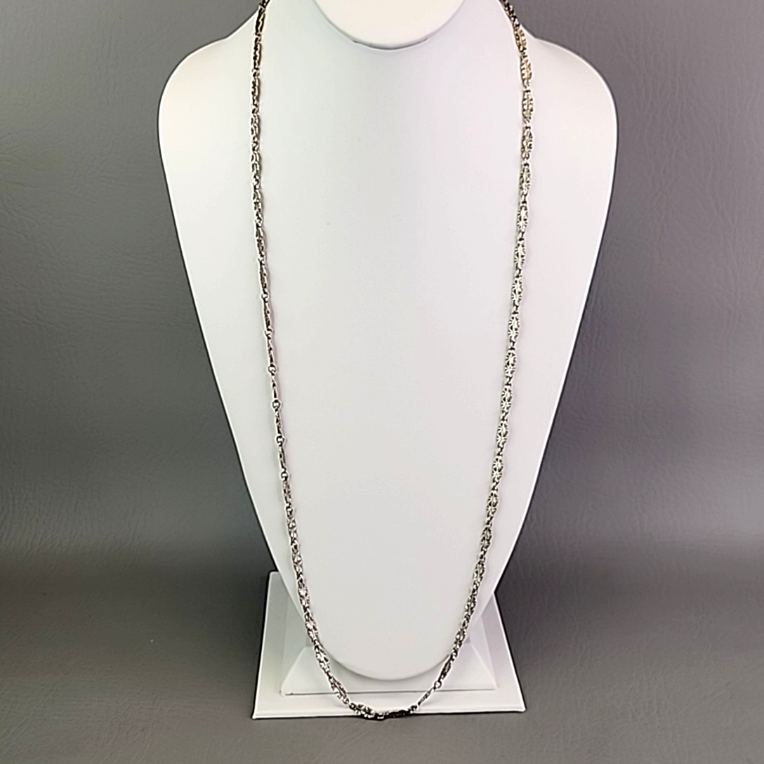Vintage Chain Necklace Silver Tone Starburst Etched Bar Link 34″