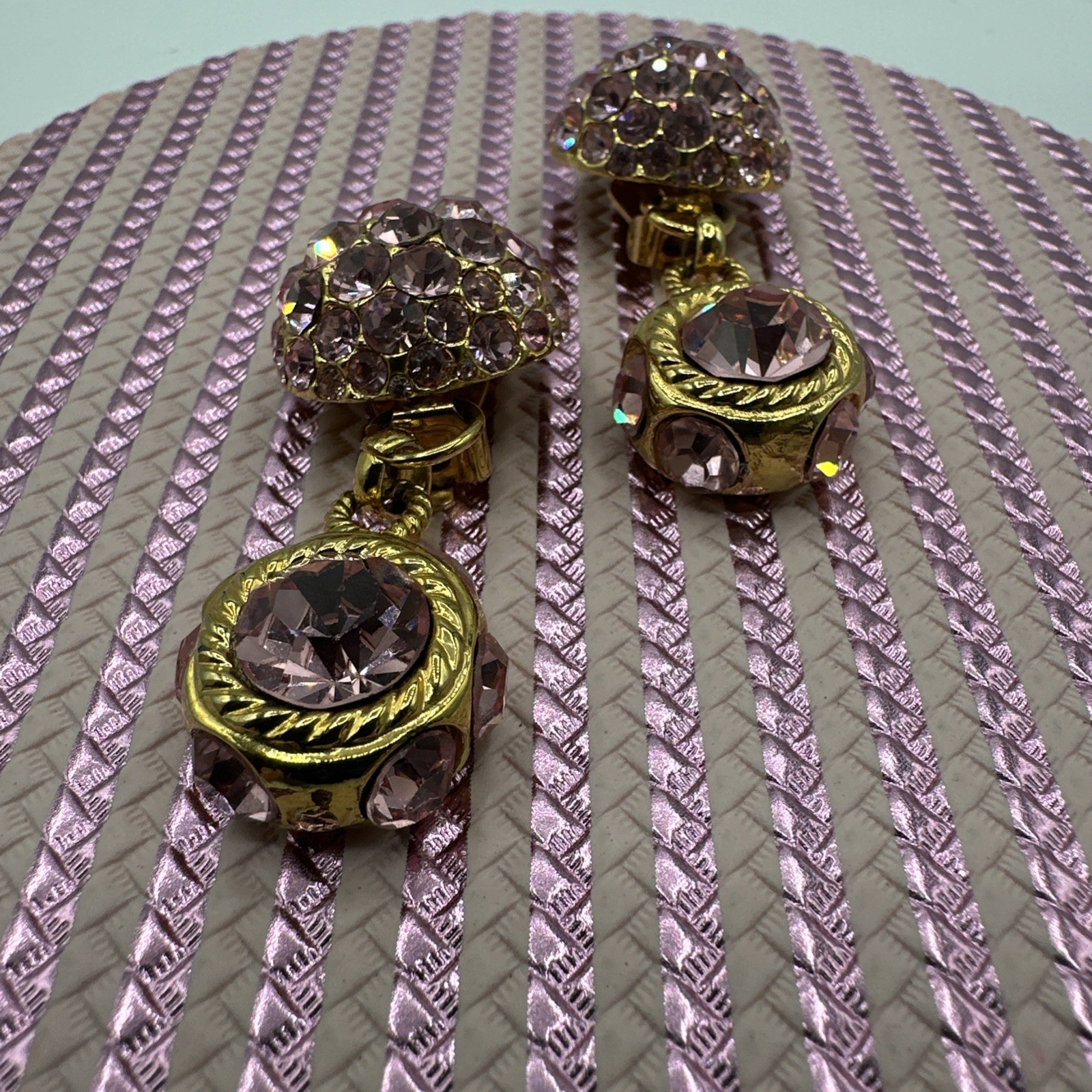 Vintage Sparkling BLANCA Clip on Pink Rhinstones Dangle Earrings. See pics.