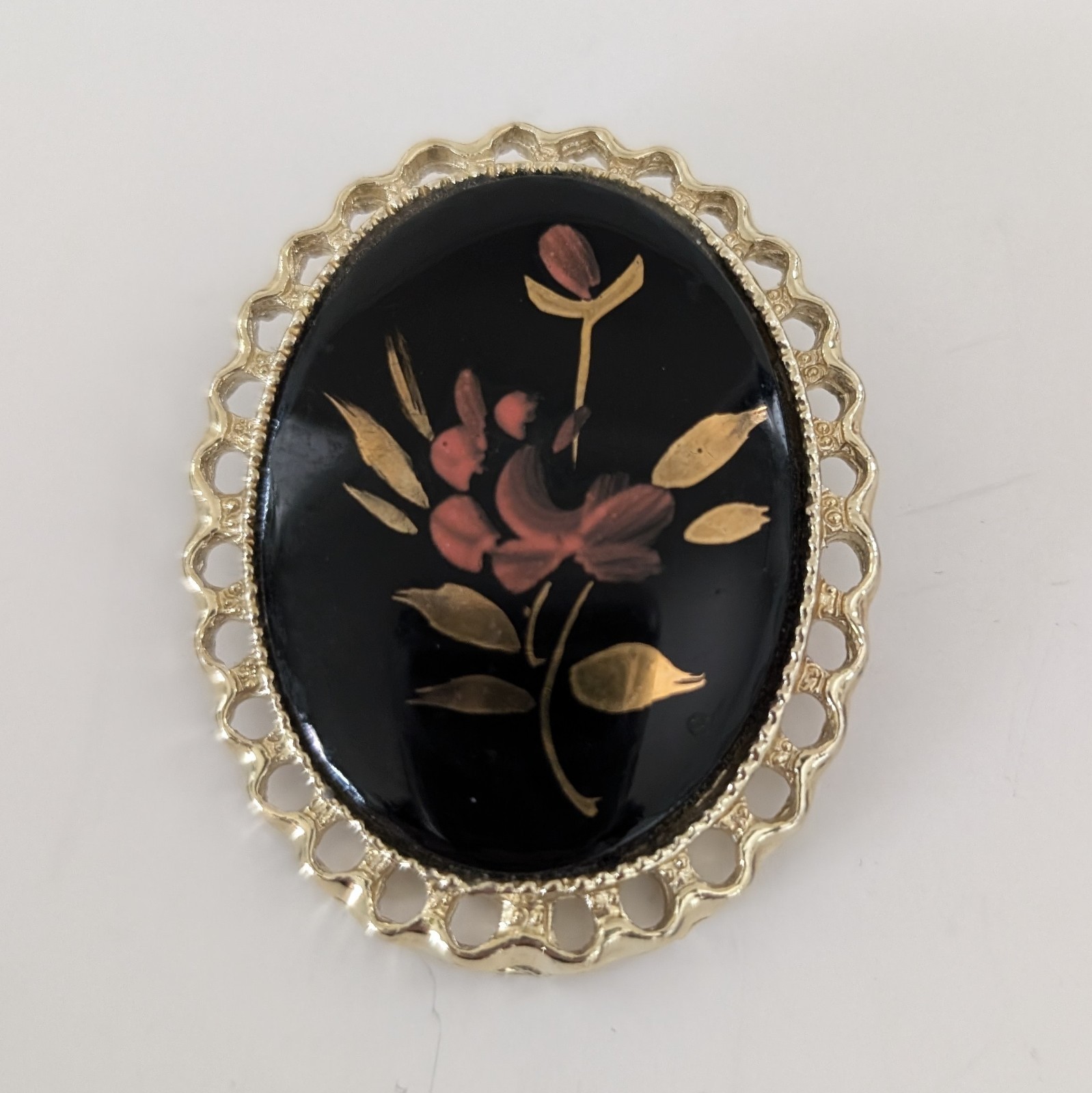 Vintage Black Oval Gold Tone Pendant Pin Pink Flowers Leaves Brooch Gift For Her