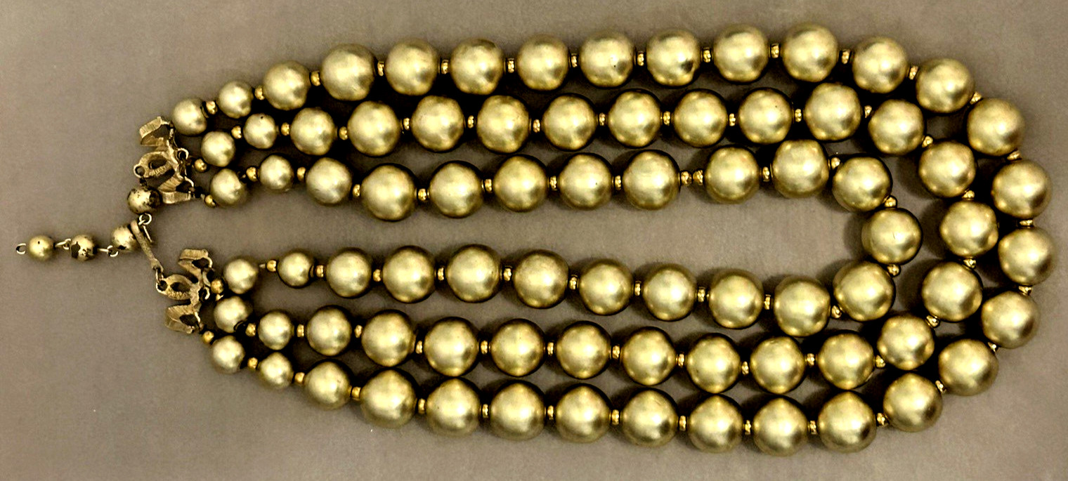 VTG Kramer Signed Triple Strand Graduated Faux Pearl Necklace Gold Tone 1950s
