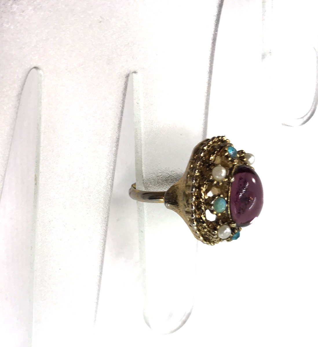 Vintage Cocktail Ring Adjustable Purple oval cabochon rhinestone Faux Pearl Mod