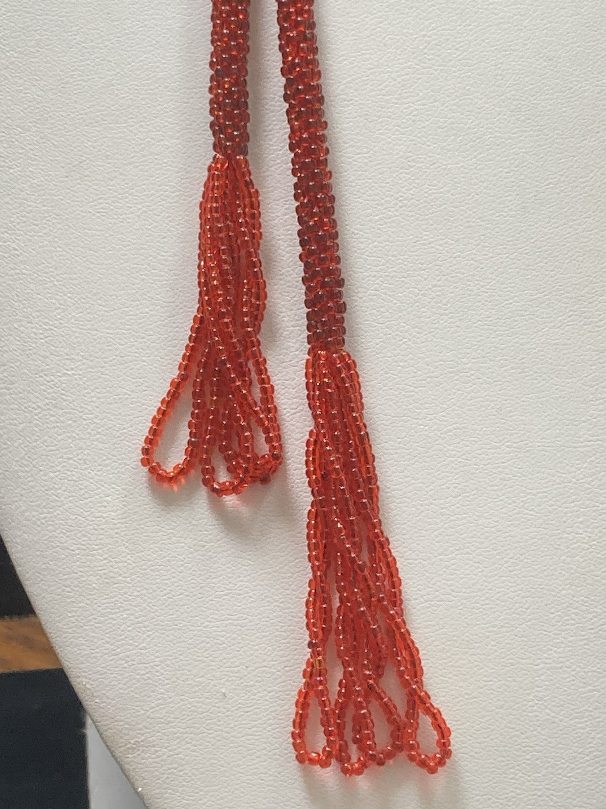 Vintage Lariat Necklace Flapper Red Beaded Tassel 45” Soft Lightweight Easy