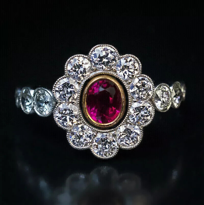 Vintage Art Deco Oval Ruby Lab Created Diamond 14K White Gold FN Engagement Ring