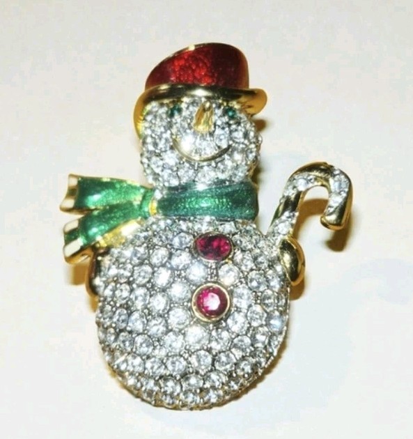 Swarovski Signed Vintage Snowman Brooch Gold Plated Encrusted With Crystals