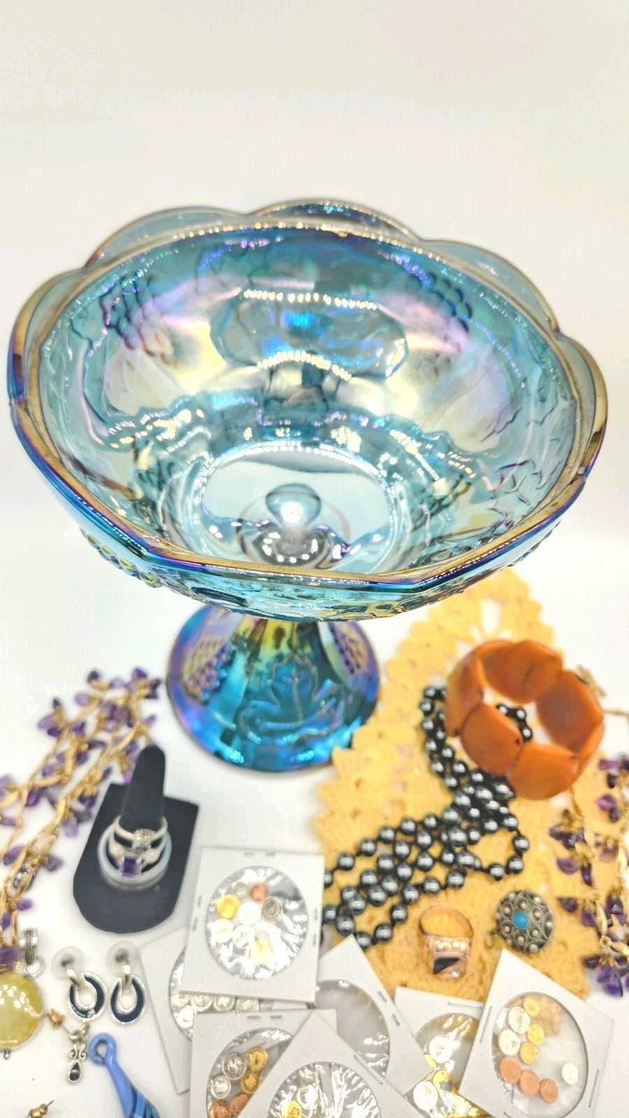Estate Mixed Jewelry Lot + Mini Coins + Carnival Glass Bowl Unsearched Untested