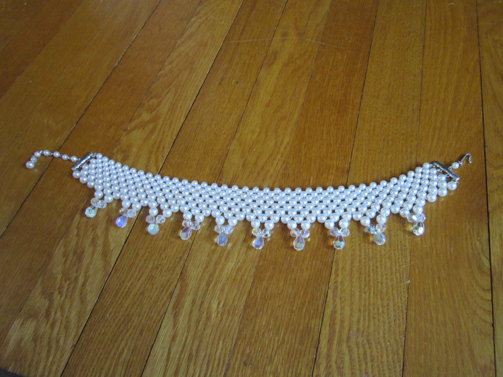 Vtg Faux Pearl Crystal Bead Choker Necklace Layered Bib Statement Wedding Retro