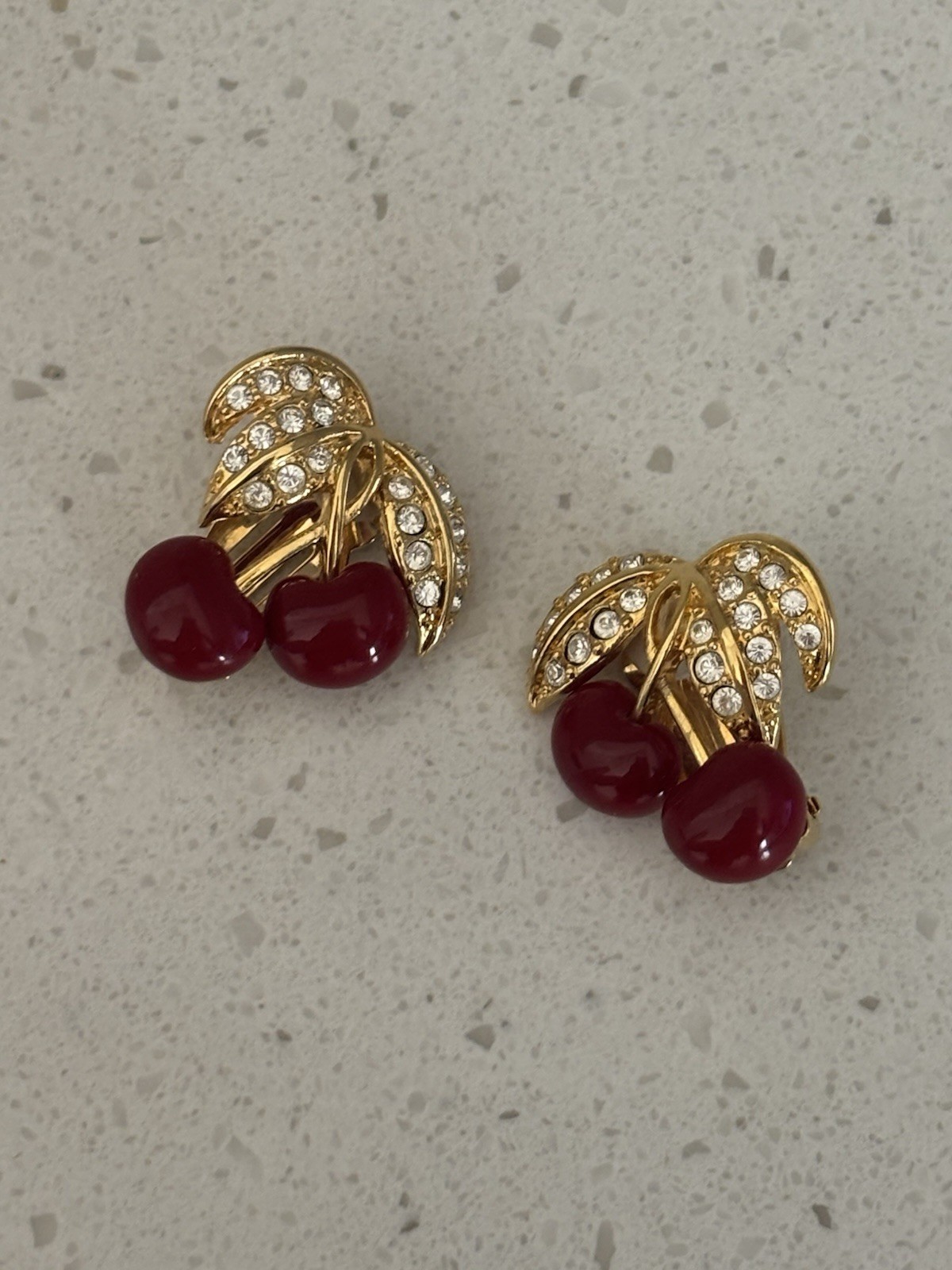 Joan Rivers Red Cherries Set Gold Tone Rhinestones Leaves Earrings
