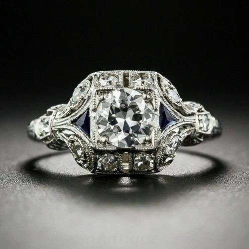 Art Deco Vintage Style 2Ct Lab Created Diamond & Sapphire 14K White Gold FN Ring