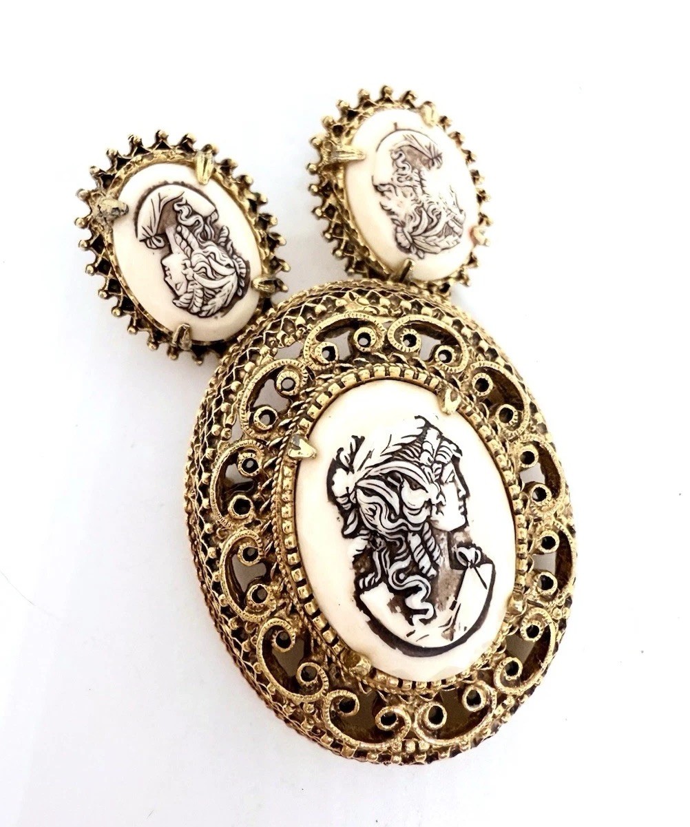 FLORENZA Ornate Cameo Brooch & Earrings Demi Signed Vintage Jewelry