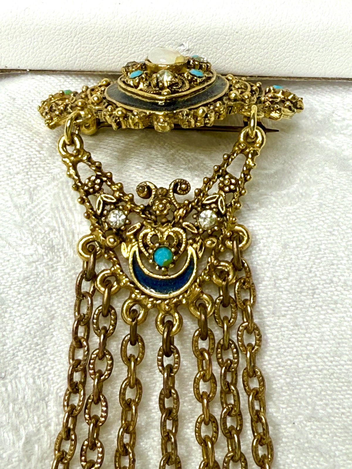 Vintage Florenza Filigree Brooch • Gold-Tone Fringe • Turquoise/Opalette