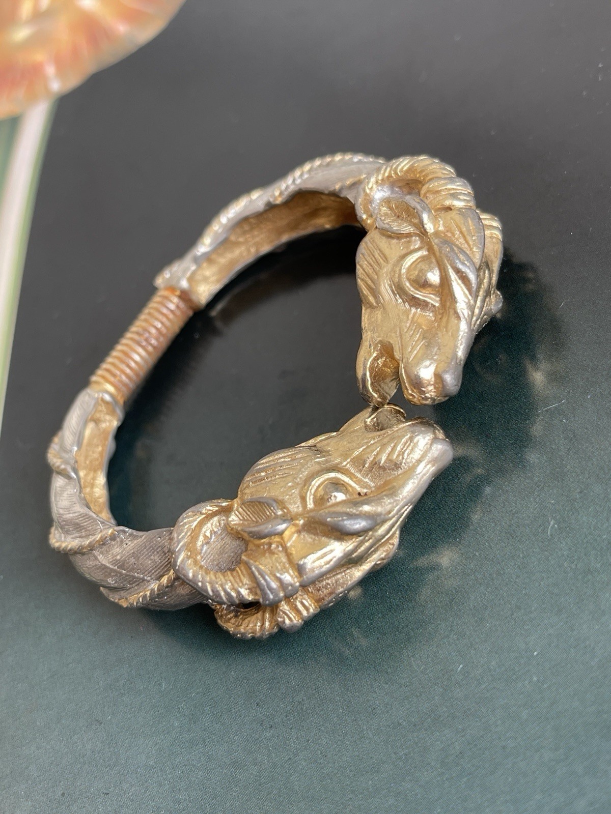 Vintage signed Donald Stannard double Ram head gold tone hinged clamper bracelet